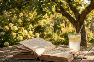 Раскрытая книга на садовом столе в тени яблони рядом со стаканом лимонада