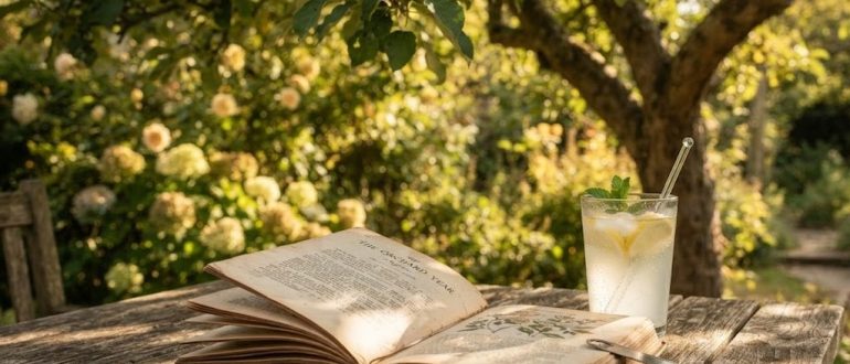 Раскрытая книга на садовом столе в тени яблони рядом со стаканом лимонада